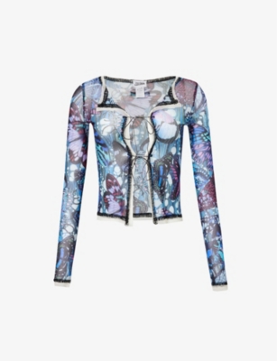 Jean Paul Gaultier Womens Blue Multicolor Papillon Open-front Printed Sheer Mesh Cardigan