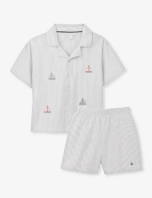 THE LITTLE WHITE COMPANY: Sailboat-embroidered striped organic-cotton set
