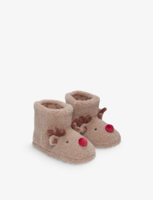 THE LITTLE WHITE COMPANY: Kids' Jingles Reindeer borg recycled polyester-blend slipper boots