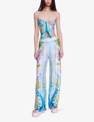 Shop Maje Women's Multicolor Mosaic-print Wide-leg Mid-rise Satin Trousers