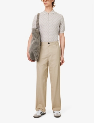 Shop Frame Traveler Contrast-button Wide-leg Mid-rise Cotton Trousers In Dark Beige