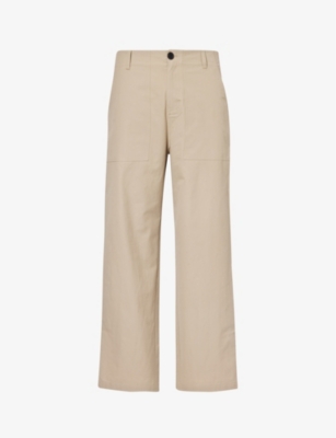Shop Frame Traveler Contrast-button Wide-leg Mid-rise Cotton Trousers In Dark Beige