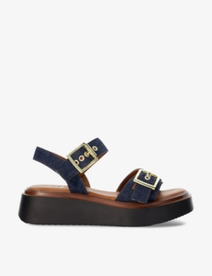 Shop Dune Women's Navy-denim Fabric Loells Denim-strap Woven Flatform Sandals