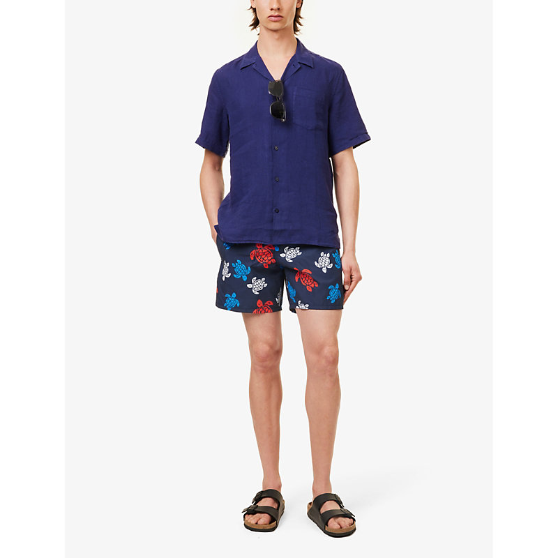 Shop Vilebrequin Men's Bleu Marine Moorea Turtle-print Recycled-polyamide Swim Shorts
