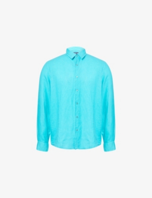 Vilebrequin Mens Vert Disco Caroubis Patch-pocket Regular-fit Linen Shirt In Blue