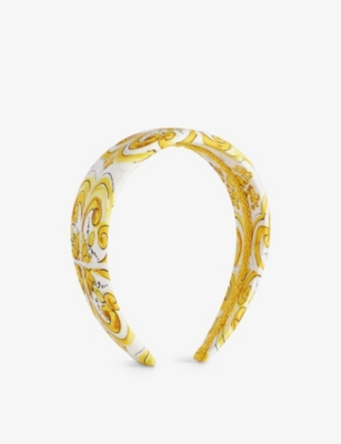 Dolce & Gabbana Girls Maiolica 1 Giallo Kids' Brand-print Padded Silk Headband In Gold