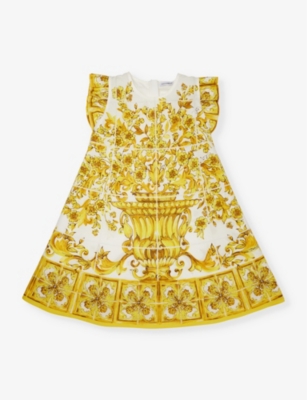DOLCE & GABBANA: Majolica-print frill-sleeve cotton-poplin dress 4-12+ years