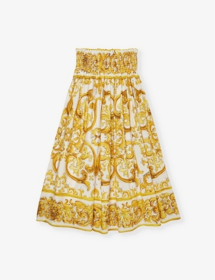 DOLCE & GABBANA: Majolica-print shirred cotton-poplin maxi skirt 8-12+ years