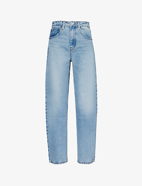 FRAME: Brand-patch contrast-stitch barrel-leg mid-rise recycled denim-blend jeans
