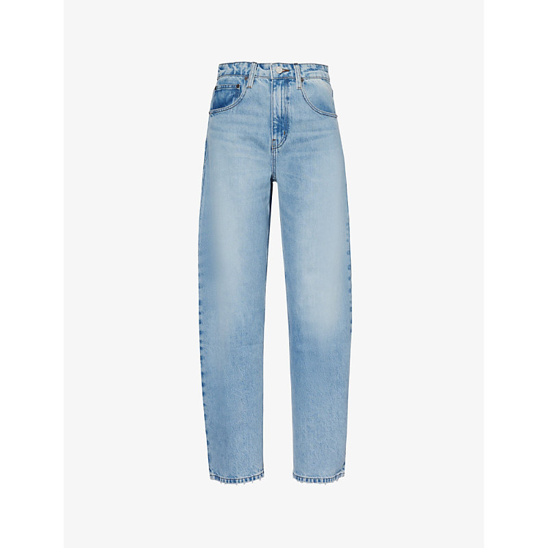 Shop Frame Brand-patch Contrast-stitch Barrel-leg Mid-rise Recycled Denim-blend Jeans In Divine