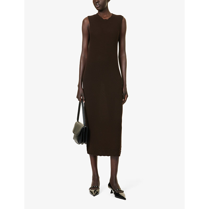 Shop Frame Womens Chocolate Brown Pointelle Flared-hem Slim-fit Knitted Midi Dress
