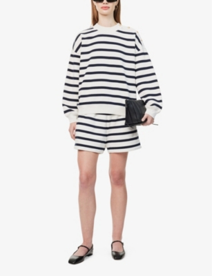 Shop Frame Women's Vybutton-embellished Striped Cotton-blend Sweatshirt In Navy Multi