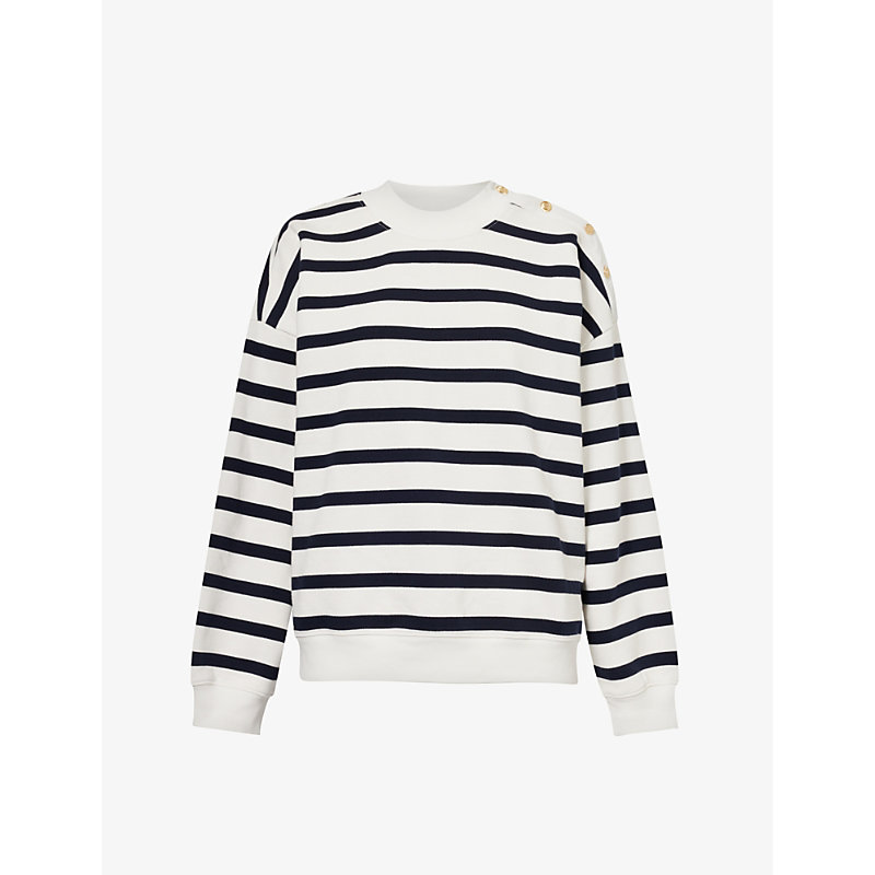 Frame Womens Navy Multi Button-embellished Striped Cotton-blend Sweatshirt