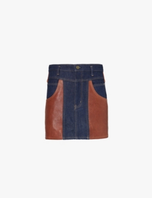 FRAME: Leather patch-pocket denim and leather mini skirt