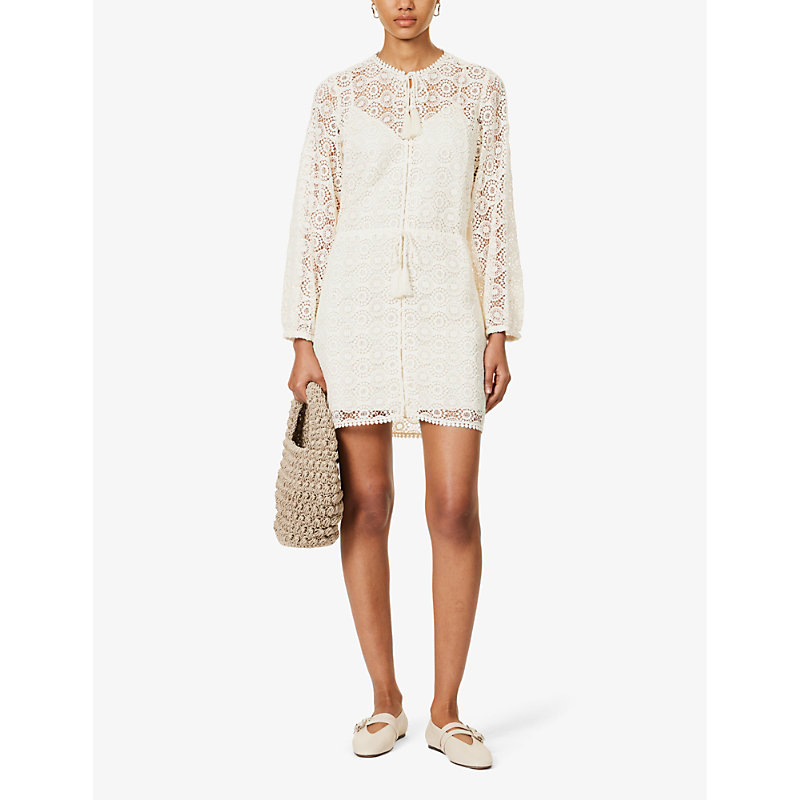 Shop Frame Lace Tassle Crochet-pattern Cotton Mini Dress In Cream