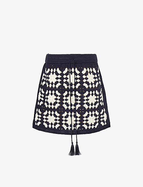 FRAME: Crochet tassel-embellished cotton-blend knitted mini skirt