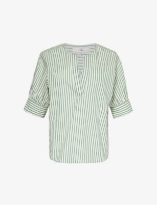 Shop Frame Puffed-sleeve Relaxed-fit Cotton-poplin Top In Green Gem Multi