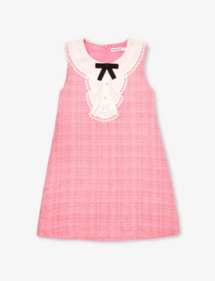 Shop Self-portrait Self Portrait Girls Pink Kids Bow-embellished Lace-collar Woven Dress 3-12 Years