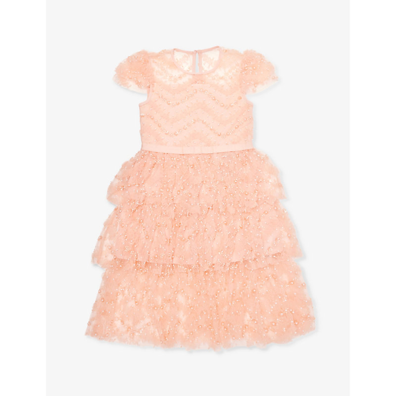 Shop Self-portrait Sequin-embellished Tiered-hem Woven Dress 3-10 Years In Pink
