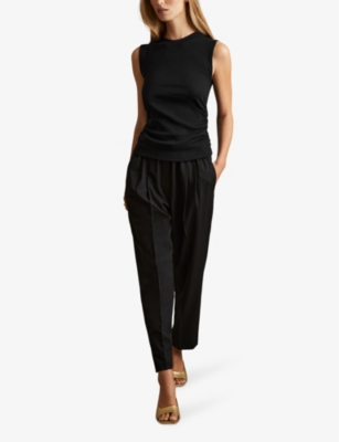 Reiss Womens Black Trudy Round-neck Ruched-side Ribbed Stretch-cotton Vest In Black