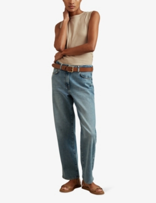 Reiss Womens Camel Trudy Round-neck Ruched-side Ribbed Stretch-cotton Vest In Camel