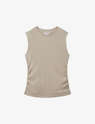 Reiss Womens Camel Trudy Round-neck Ruched-side Ribbed Stretch-cotton Vest In Camel