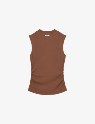 Reiss Womens Trudy Round-neck Ruched-side Ribbed Stretch-cotton Vest Toffee Brown