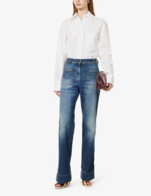 Shop Victoria Beckham Womens  Alina Stretch-denim Wide-leg High-rise Jeans In Indigo Wash