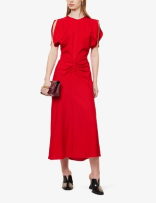 VICTORIA BECKHAM WOMENS CARMINE GATHERED-WAIST WOVEN MIDI DRESS 