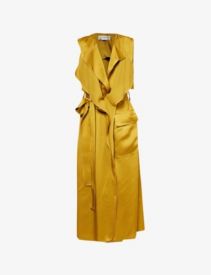 Shop Victoria Beckham Women's Harvest Gold Trench V-neck Satin Midi Dress