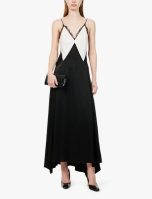 Contrast-panel lace-trim woven maxi dress