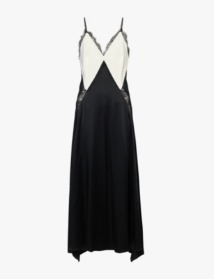 Contrast-panel lace-trim woven maxi dress
