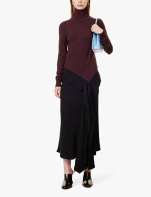 Shop Victoria Beckham Womens  Long-sleeved Asymmetric-hem Wool-knit And Woven Crepe Maxi Dress In Black Deep Mahogany