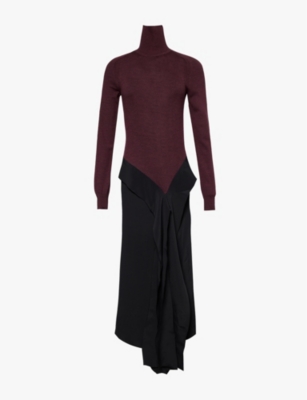 VICTORIA BECKHAM: Long-sleeved asymmetric-hem wool-knit and woven crepe maxi dress
