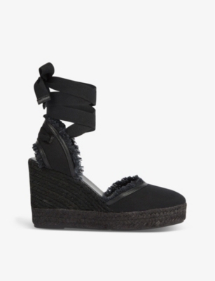 Shop Lk Bennett Womens Bla-black Sofia Frayed-edge Canvas Espadrille Wedges