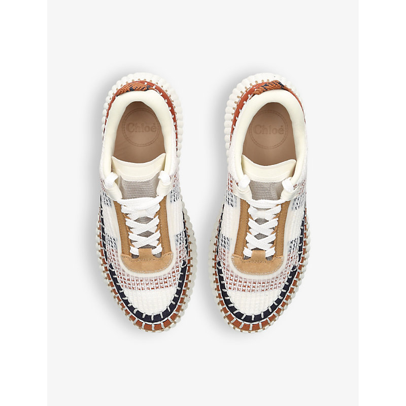 Shop Chloé Nama Embroidered Suede And Recycled Mesh Trainers In Rust Comb