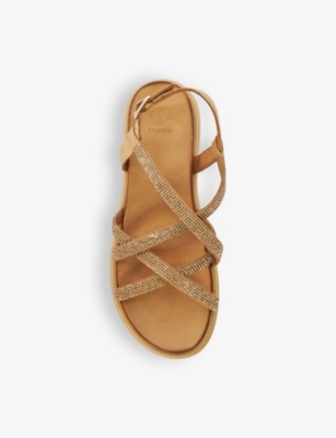 Dune Womens Camel-leather Ledge Crystal-embellished Woven Flatform Sandals In Camel-leather