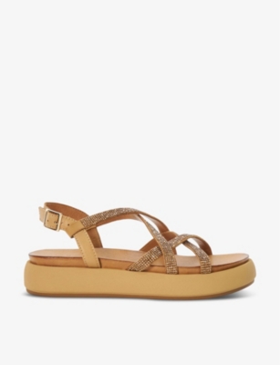 Dune Womens Camel-leather Ledge Crystal-embellished Woven Flatform Sandals In Camel-leather