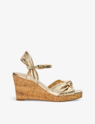 Dune Womens Gold-leather Kaino Tie-knot Metallic-leather Heeled Wedges In Gold-leather