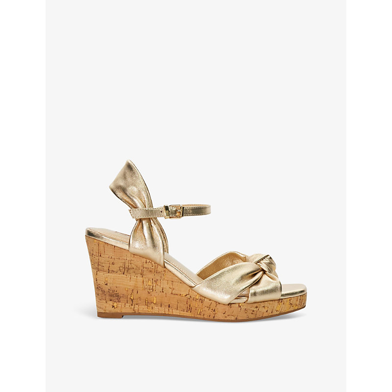 Shop Dune Women's Gold-leather Kaino Tie-knot Metallic-leather Heeled Wedges