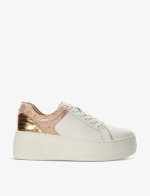Shop Dune Women's Rose Gold-leather Elusive Rhinestone-embellished Leather Flatform Low-top Trainers