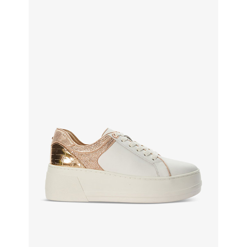 Shop Dune Women's Rose Gold-leather Elusive Rhinestone-embellished Leather Flatform Low-top Trainers