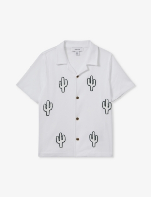 Shop Reiss Aurora Cactus-embroidered Short-sleeve Cotton Shirt 3-14 Years In White