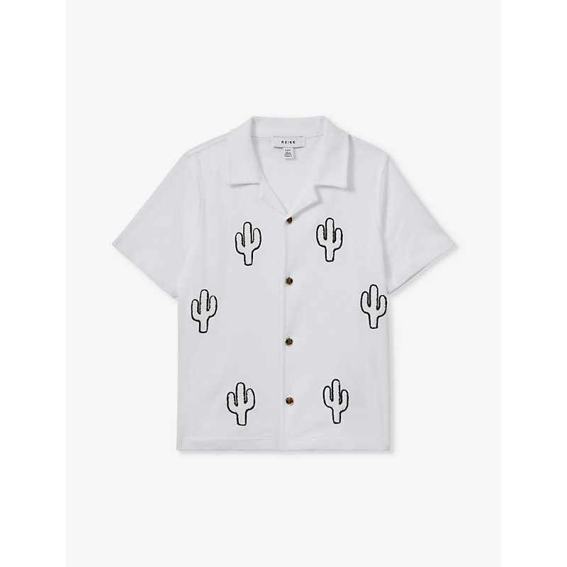 Shop Reiss Boys White Kids Aurora Cactus-embroidered Short-sleeve Cotton Shirt 3-14 Years