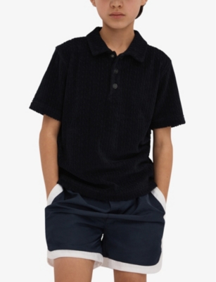 Shop Reiss Iggy Short-sleeved Textured Cotton-blend Polo In Navy