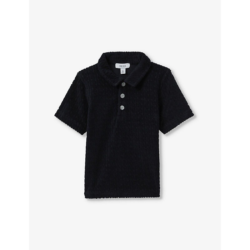 Shop Reiss Boys Navy Kids Iggy Short-sleeved Textured Cotton-blend Polo