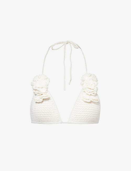 SELF-PORTRAIT: Floral-detail triangle-cup crochet bikini top