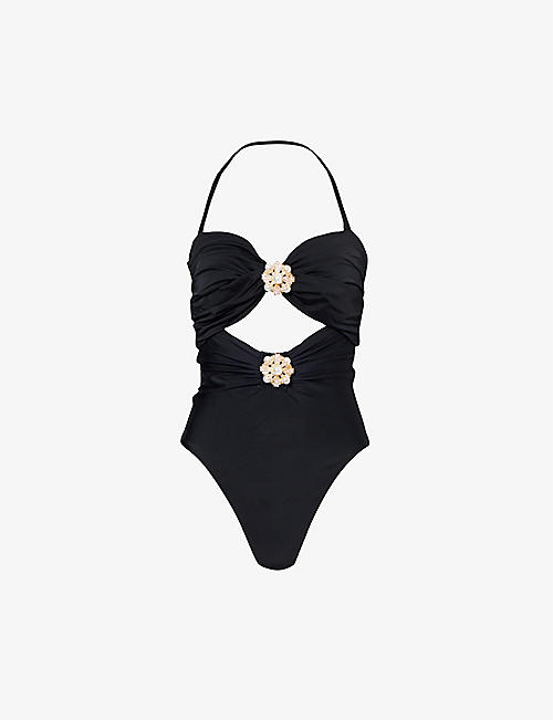 SELF-PORTRAIT: Floral-embellished bandeau-neck swimsuit