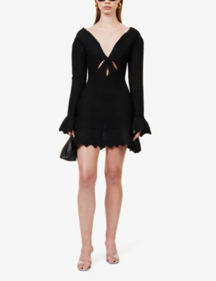 Shop Self-portrait Women's Black Long-sleeved Cut-out Knitted Mini Dress