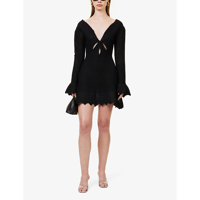Shop Self-portrait Women's Black Long-sleeved Cut-out Knitted Mini Dress
